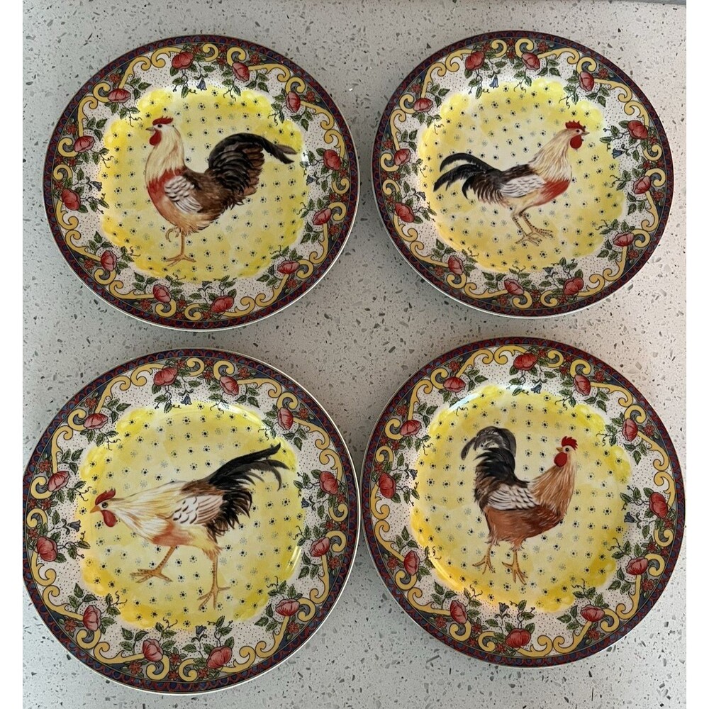 Set of 4 American Atelier at Home Petite Provence Rooster SALAD Plates  8"